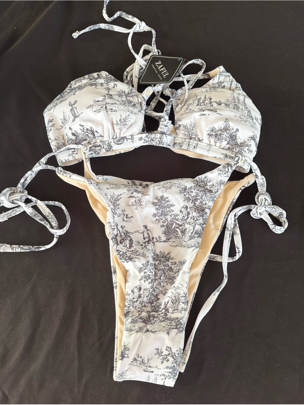 Zaful White & Black Toile Print Bandeau Bikini Set
